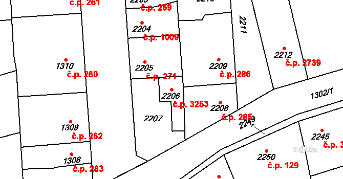 Kročehlavy 3253, Kladno na parcele st. 2206 v KÚ Kročehlavy, Katastrální mapa
