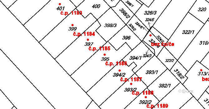 Hluk 1186 na parcele st. 395 v KÚ Hluk, Katastrální mapa
