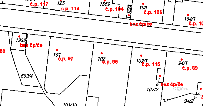 Rosice 96, Pardubice na parcele st. 102 v KÚ Rosice nad Labem, Katastrální mapa