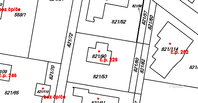 Děhylov 229 na parcele st. 821/90 v KÚ Děhylov, Katastrální mapa