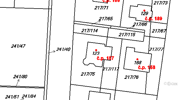 Kolomuty 157 na parcele st. 123 v KÚ Kolomuty, Katastrální mapa