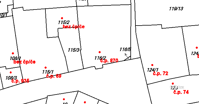 Podbořany 870 na parcele st. 116/2 v KÚ Podbořany, Katastrální mapa
