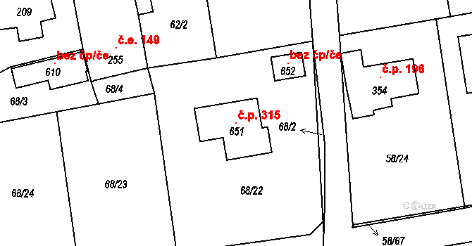 Roudná 315 na parcele st. 651 v KÚ Roudná nad Lužnicí, Katastrální mapa