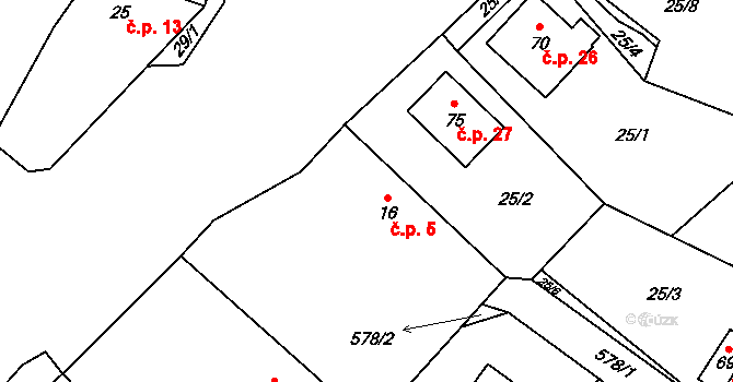 Beranovec 5, Suchá na parcele st. 16 v KÚ Beranovec, Katastrální mapa