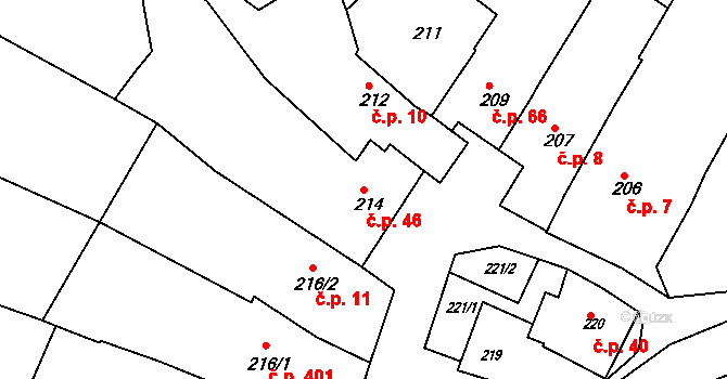 Popůvky 46 na parcele st. 214 v KÚ Popůvky u Brna, Katastrální mapa
