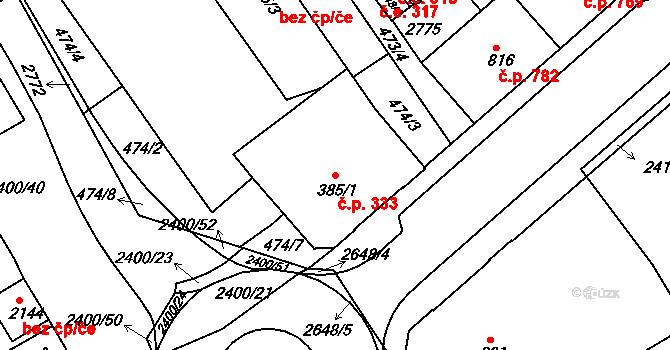 Tišnov 333 na parcele st. 385/1 v KÚ Tišnov, Katastrální mapa