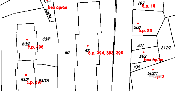 Hřebeč 393,394,395 na parcele st. 58 v KÚ Hřebeč, Katastrální mapa