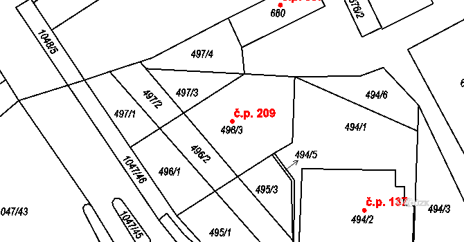Krmelín 209 na parcele st. 496/3 v KÚ Krmelín, Katastrální mapa