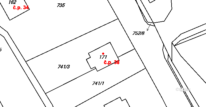 Radvánovice 38, Karlovice na parcele st. 171 v KÚ Karlovice, Katastrální mapa