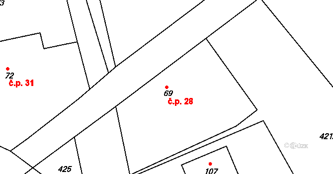 Tůně 28, Nechanice na parcele st. 69 v KÚ Tůně u Nechanic, Katastrální mapa