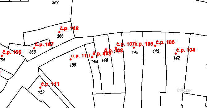 Roudnice nad Labem 108 na parcele st. 148 v KÚ Roudnice nad Labem, Katastrální mapa