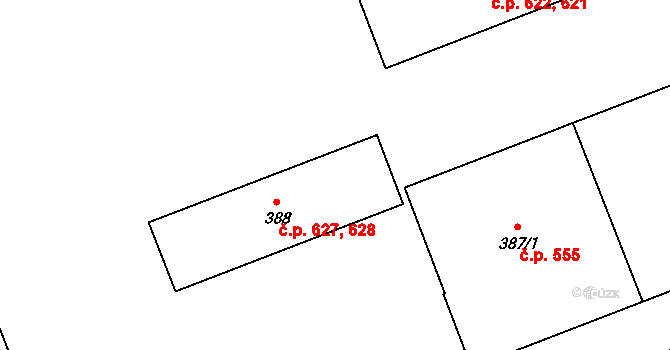Štětí 627,628 na parcele st. 388 v KÚ Štětí I, Katastrální mapa