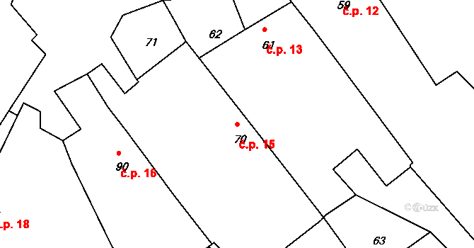 Lomy 15 na parcele st. 70 v KÚ Lomy u Jemnice, Katastrální mapa