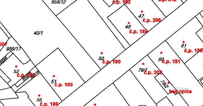 Borohrádek 190 na parcele st. 50 v KÚ Borohrádek, Katastrální mapa