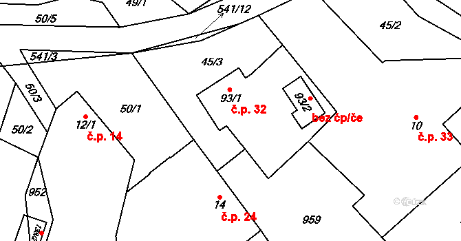 Valašské Příkazy 32 na parcele st. 93/1 v KÚ Valašské Příkazy, Katastrální mapa