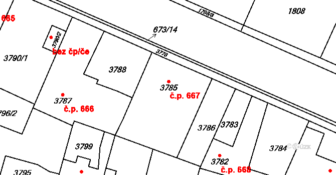 Újezd nad Lesy 667, Praha na parcele st. 3785 v KÚ Újezd nad Lesy, Katastrální mapa