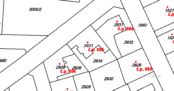 Modřany 555, Praha na parcele st. 2933 v KÚ Modřany, Katastrální mapa
