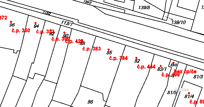 Blučina 384 na parcele st. 85 v KÚ Blučina, Katastrální mapa