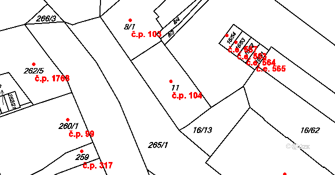 Šlapanice 104 na parcele st. 11 v KÚ Šlapanice u Brna, Katastrální mapa