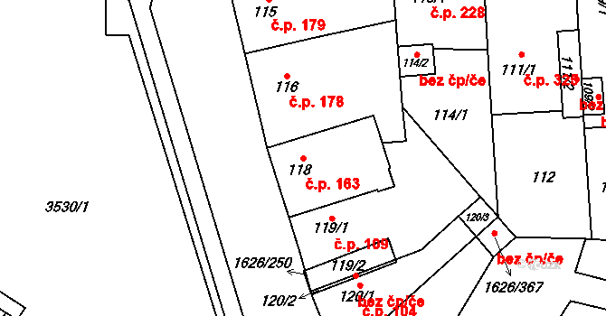 Bolevec 163, Plzeň na parcele st. 118 v KÚ Bolevec, Katastrální mapa