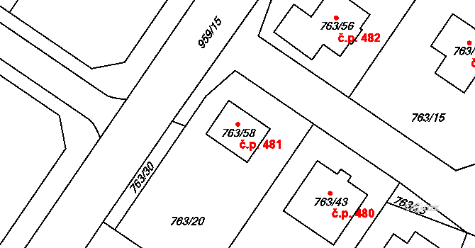 Kostomlaty nad Labem 481 na parcele st. 763/58 v KÚ Kostomlaty nad Labem, Katastrální mapa