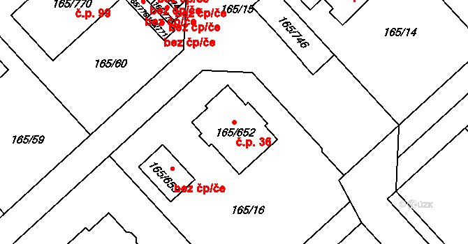 Pod Rohem 36, Jenišov na parcele st. 165/652 v KÚ Jenišov, Katastrální mapa