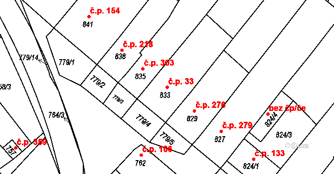 Huštěnovice 33 na parcele st. 833 v KÚ Huštěnovice, Katastrální mapa