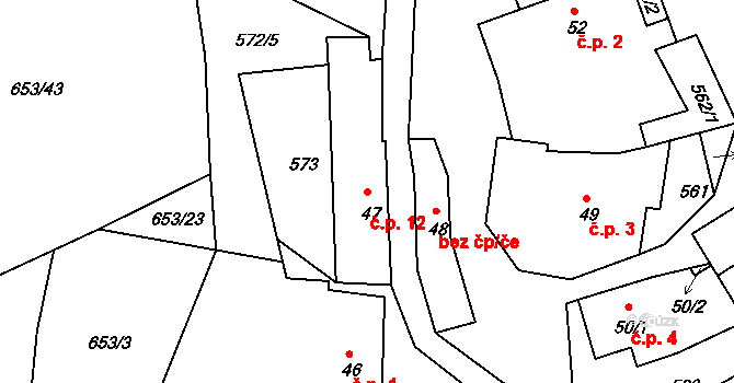 Poděčely 12, Chroustovice na parcele st. 47 v KÚ Poděčely, Katastrální mapa