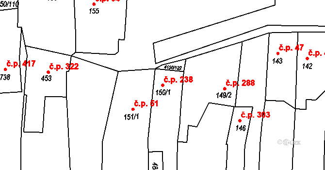 Kožlany 238 na parcele st. 150/1 v KÚ Kožlany, Katastrální mapa