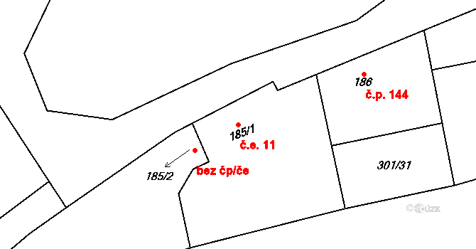 Podmokly 11 na parcele st. 185/1 v KÚ Podmokly nad Berounkou, Katastrální mapa