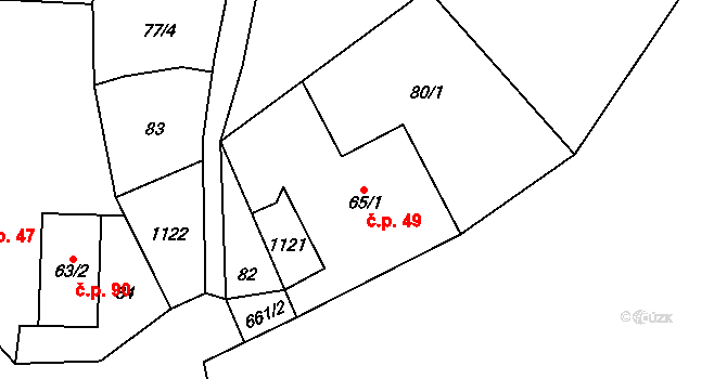 Zvíkovec 49 na parcele st. 65/1 v KÚ Zvíkovec, Katastrální mapa