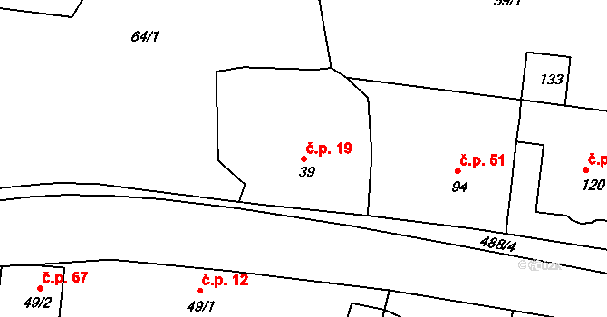 Velký Třebešov 19 na parcele st. 39 v KÚ Velký Třebešov, Katastrální mapa