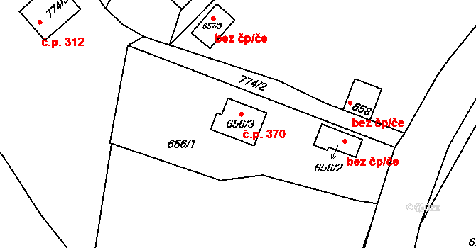 Černé Budy 370, Sázava na parcele st. 656/3 v KÚ Černé Budy, Katastrální mapa