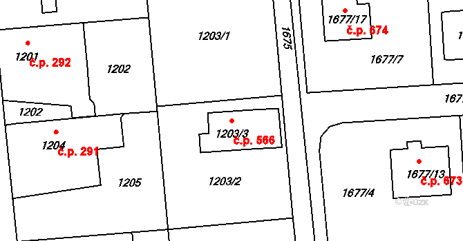 Postřelmov 566 na parcele st. 1203/3 v KÚ Postřelmov, Katastrální mapa