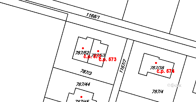 Štěnovice 573 na parcele st. 787/53 v KÚ Štěnovice, Katastrální mapa