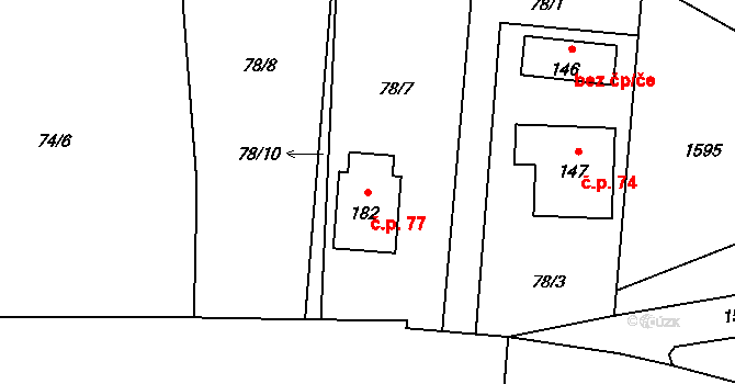 Býkov 77, Býkov-Láryšov na parcele st. 182 v KÚ Býkov, Katastrální mapa