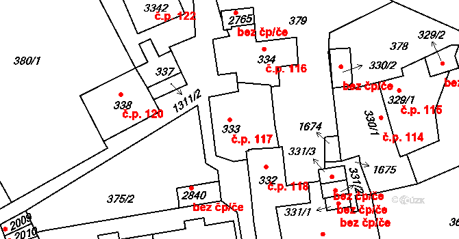 Horní Brána 117, Český Krumlov na parcele st. 333 v KÚ Český Krumlov, Katastrální mapa