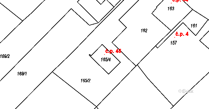 Kostelec 45, Fulnek na parcele st. 165/4 v KÚ Děrné, Katastrální mapa