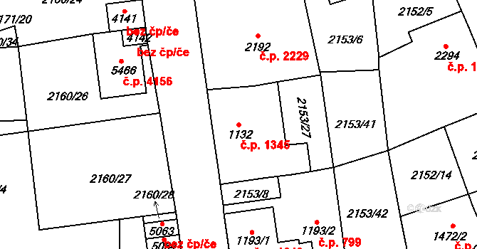Jablonec nad Nisou 1345 na parcele st. 1132 v KÚ Jablonec nad Nisou, Katastrální mapa