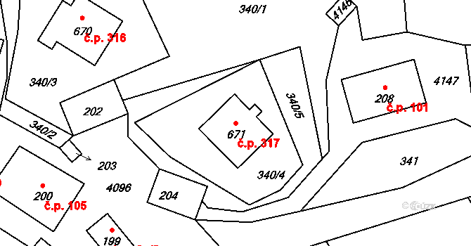 Bukovec 317 na parcele st. 671 v KÚ Bukovec u Jablunkova, Katastrální mapa
