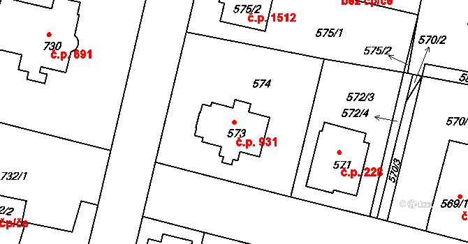 Čelákovice 931 na parcele st. 573 v KÚ Čelákovice, Katastrální mapa