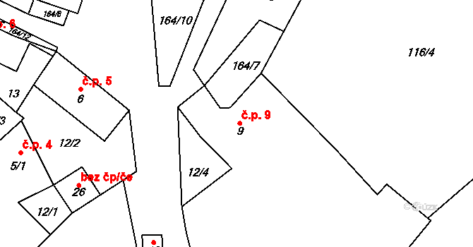 Bradlo 9, Velký Beranov na parcele st. 9 v KÚ Bradlo, Katastrální mapa