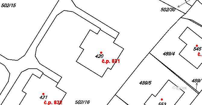 Chvalčov 831 na parcele st. 420 v KÚ Chvalčova Lhota, Katastrální mapa