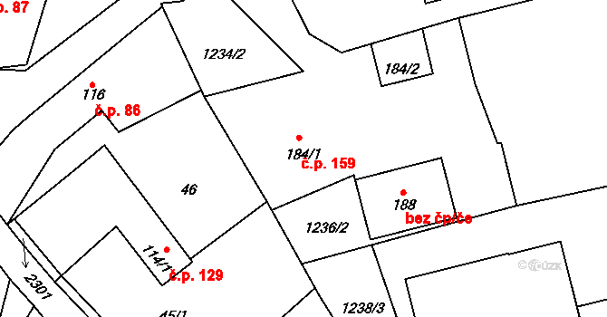 Borotín 159 na parcele st. 184/1 v KÚ Borotín u Tábora, Katastrální mapa