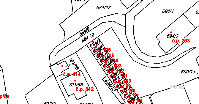 Bystřice 104, Dubí na parcele st. 684/5 v KÚ Dubí-Bystřice, Katastrální mapa