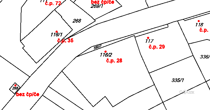 Březové 28, Litovel na parcele st. 116/2 v KÚ Unčovice, Katastrální mapa