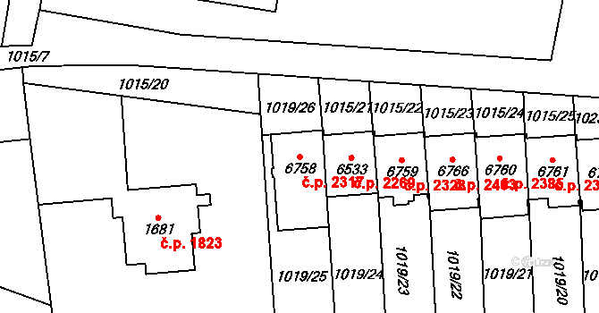 Cheb 2317 na parcele st. 6758 v KÚ Cheb, Katastrální mapa