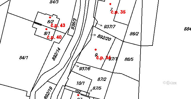 Kotvina 34, Okounov na parcele st. 9 v KÚ Kotvina, Katastrální mapa