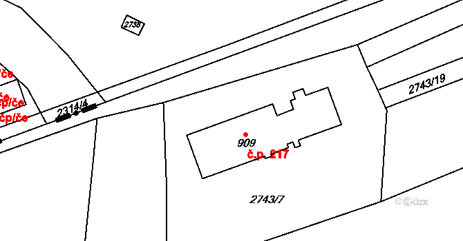 Hošťálková 217 na parcele st. 909 v KÚ Hošťálková, Katastrální mapa