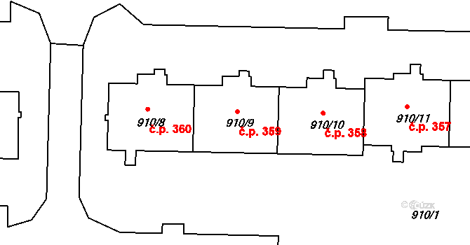 Písnice 359, Praha na parcele st. 910/9 v KÚ Písnice, Katastrální mapa